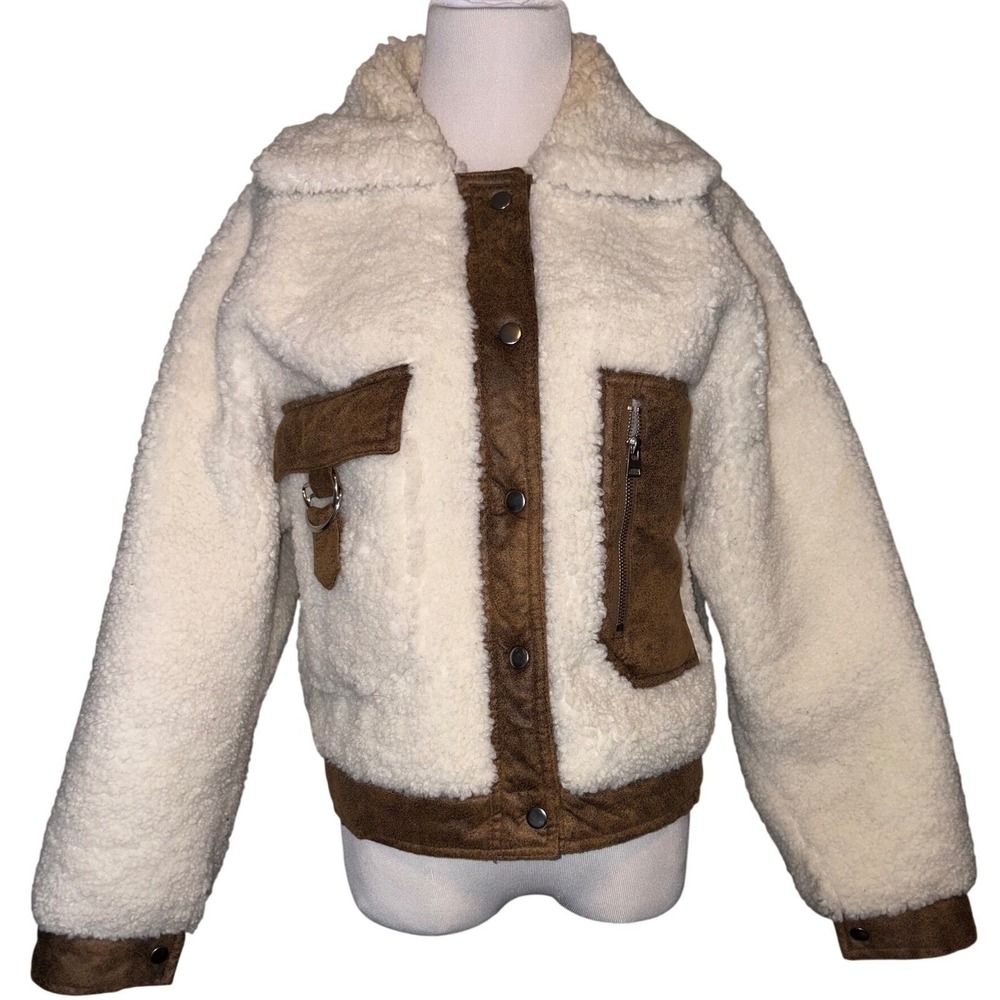 Topshop Faux Shearling Aviator Jacket Cream Sherpa Borg Moto Bomber Coat Wms S